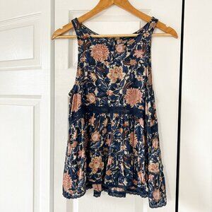 American Eagle Navy Floral Lace Trim Sleeveless Babydoll Top Size S